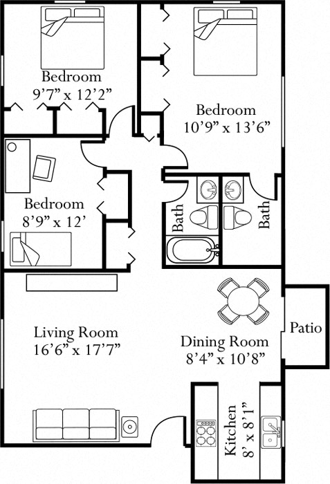 Floor plan for 3 beds, 2 baths, 1280 sqft